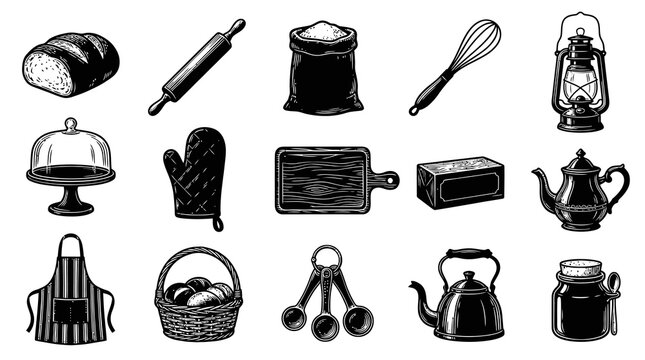 Black and White Line Art Baking and Cooking Icons - Kitchenware  Food