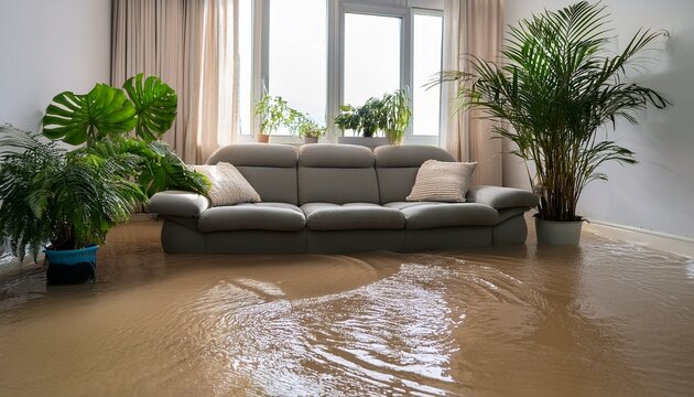 living room with a flooded floor featuring a cozy sofa houseplants unexpected home disaster deluge and flood