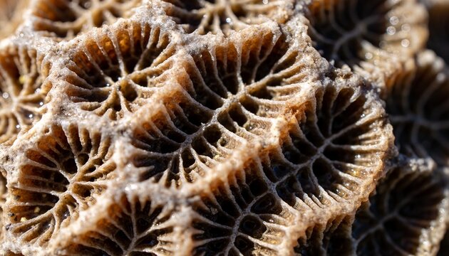 Displaying fossilized coral revealing corallites and radial septa on rock, with sand grains