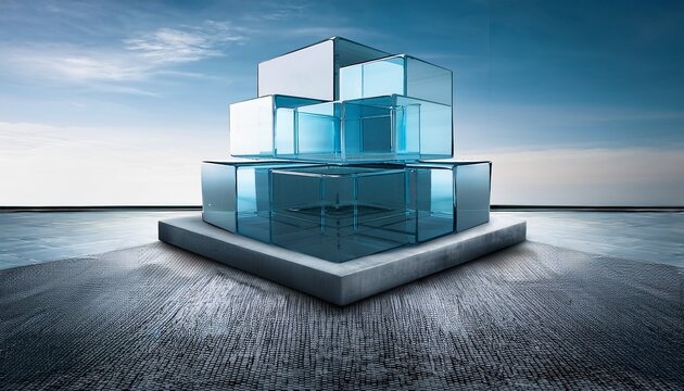 massive concrete base with floating glass cubes n perfect for structural balance modern architecture or stable growth