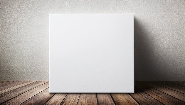 square white canvas mockup on rustic wooden floor against textured white wall surface