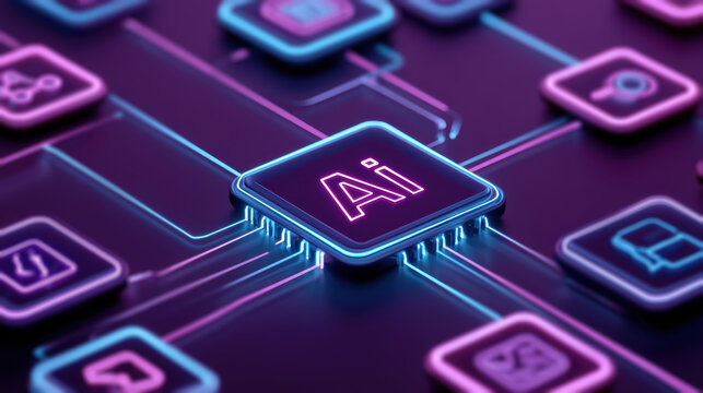 Artificial intelligence chip glowing neon ai connecting digital network nodes for future technology and data processing innovation