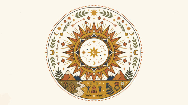 Vibrant Summer Solstice folk art illustration. Radiant sun, stars, mountains, and river with figures in a circular design celebrate nature's peak and spiritual harmony