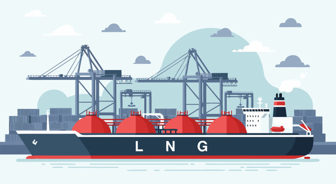 LNG ship vector illustration of a large cargo vessel for liquefied natural gas transport in a port with cranes