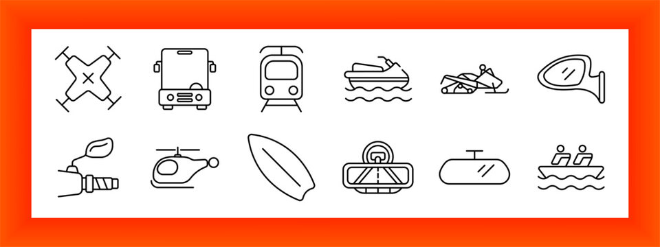 Transport travel set icon. Drone device, bus vehicle, tram rail, jet ski, snowmobile, rear mirror, airplane wing, helicopter, surfboard, cable car, cabin lift, rowing boat.