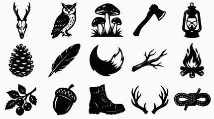 Obraz premium Black and White Vector Silhouette Glyph Icons for Outdoor Nature Camping Wilderness and Wildlife Adventure Elements