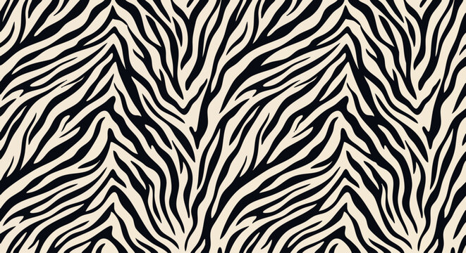Flat seamless vector background of zebra skin stripe pattern, bold black and ivory