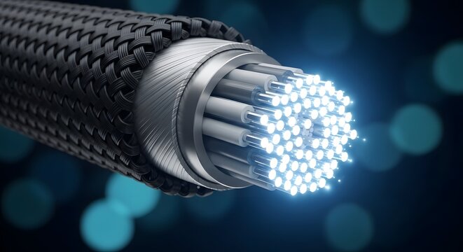 A detailed cross-section view of a fiber optic cable with glowing light transmitting through its numerous strands, illustrating high-speed data communication technology.