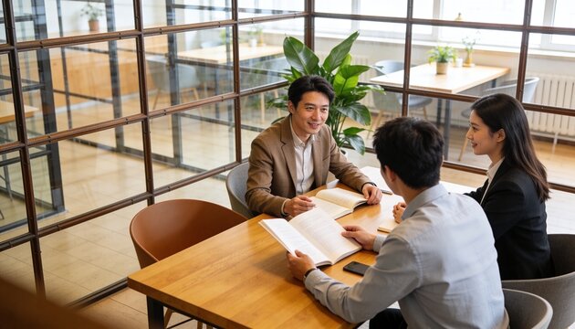 Reviewing man in brown blazer discussing printed documents at office meeting table with notebook