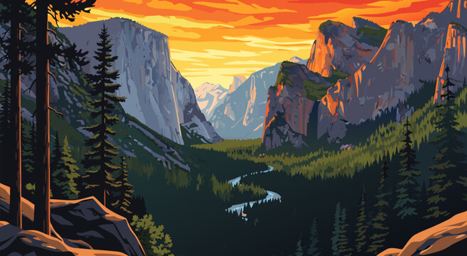 Majestic Yosemite Valley at Sunset A Stunning Vector Illustration Capturing Nature's Grandeur and Serene Beauty