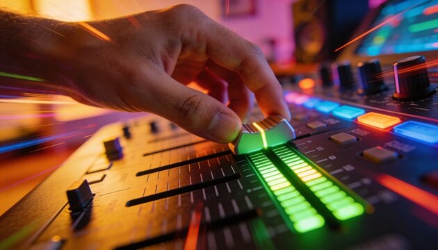 Manipulating right hand sliding motorized fader in studio, with green LED meter and backlit pads