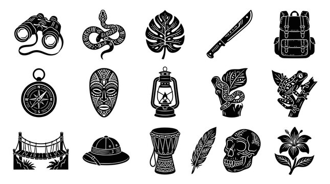 Safari Adventure Icons: Binoculars, Snake, Mask, Lamp, Skull, Feather, Flower, etc. Black  White
