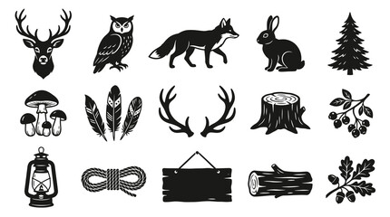 Fototapeta premium Black and White Forest Icons: Deer, Fox, Owl, Rabbit, Tree, Mushrooms, Feathers, Antlers, Stump, Berries, Lantern, Rope, Sign, Log, Oak Leaves, Vector Graphics