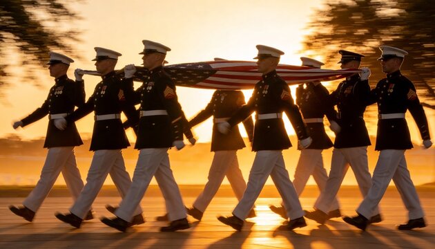 Marching honor guard in uniforms carrying American flag across plaza at sunset, medals visible