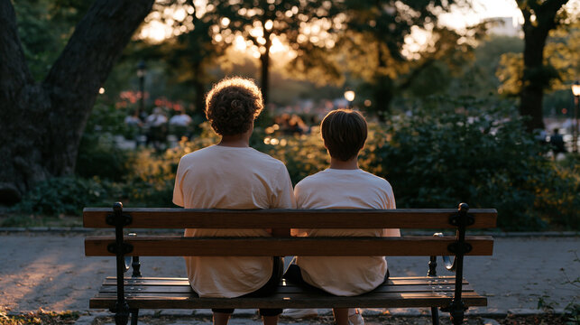 Young male social worker sitting on a park bench beside a teenager who has recently left foster care, neither speaking, both looking toward a July fireworks display on the horizon, the bond of mento