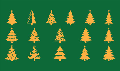 Obraz premium A collection of fifteen minimalist yellow Christmas tree icons and shapes for winter holiday designs on a green background.