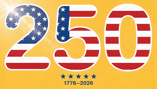 Displaying 250 with flag motif on yellow poster, showing five blue stars, 1776&ndash;2026, top-left flare