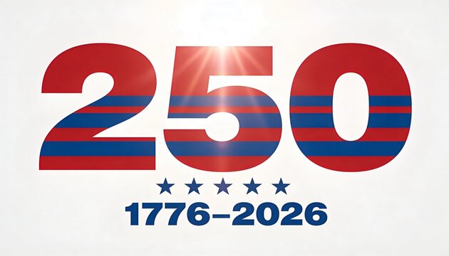 Featuring centered numeral 250 on light canvas, with sunburst, blue stripes, five stars, 1776-2026