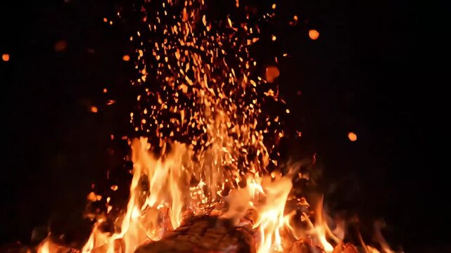 A blazing fire erupts with flames and sparks flying high in darkness at night.