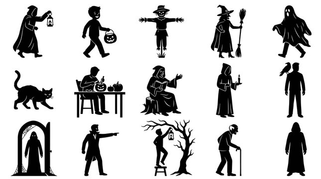 Halloween Spooky Characters Vector Icons Set - Black and White Silhouettes for Holiday Designs