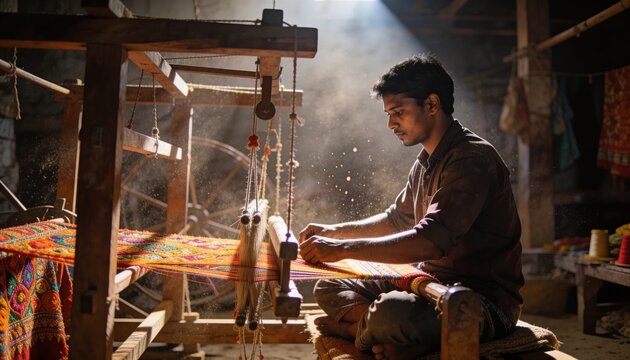 Weaving artisan in dark shirt, pants at loom operating handloom with bright fabric, copy space