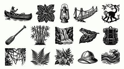 Obraz premium Tropical Jungle Adventure and Nature Exploration Vector Icons Set - Vintage Black White Line Art