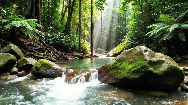 Sunbeams over a clear river in a tropical rainforest