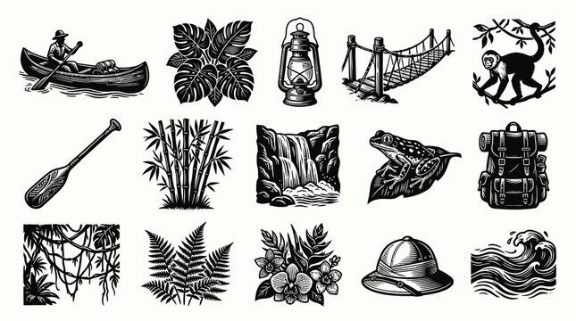 Tropical Jungle Adventure and Nature Exploration Vector Icons Set - Vintage Black  White Line Art