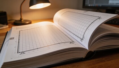 Obraz premium Displaying open hardcover book lying flat on wooden desk, with desk lamp and computer monitor