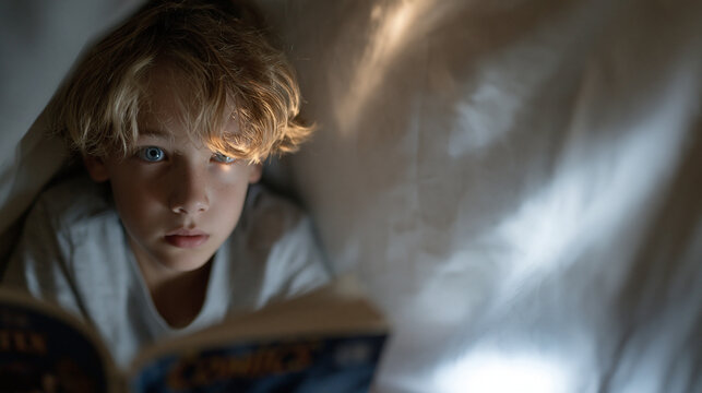 Ten-year-old hiding under bed with flashlight and comic book during summer evening power outage, beam of light illuminating terrified expression as shadows shift across bedroom wall from passing car