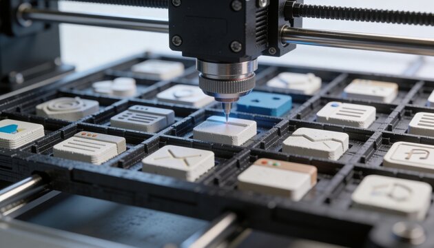 Engraving gantry print head curing embossed tiles on bench top tray, showing blue light, rails