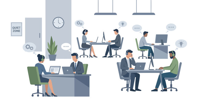 Busy professionals working in a modern open-plan office with desks and computers, fostering a collaborative and focused environment.