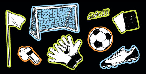 soccer and football vector sticker set. soccer ball, football gate, cleats boot, goalkeeper gloves, corner flag, referee whistle, referee cards. hand drawn isolated ink doodle sketch clipart elements © curly