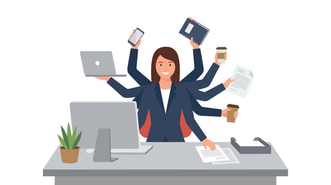 Stressed yet efficient businesswoman expertly juggling multiple tasks and deadlines with many arms at her office desk on an isolated white background.