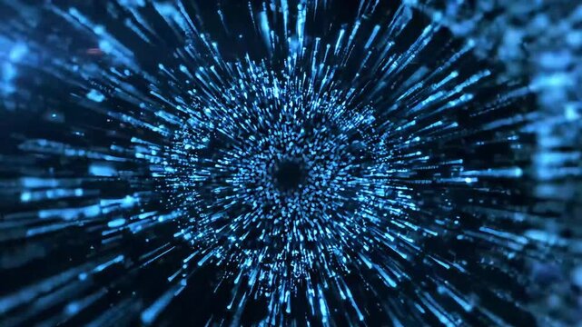 Vibrant blue light streaks radiate outward from a central point in a dark space.