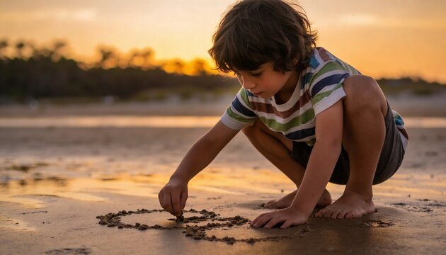 Crouching child in striped tee, shorts barefoot drawing circle on wet sand at sunset, tide pools