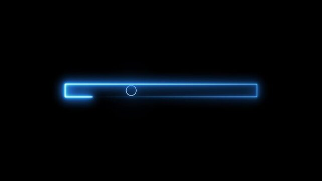 Blue neon progress bar with circle on black. Progress bar symbol for system data loading. Digital progress bar animation for technology.