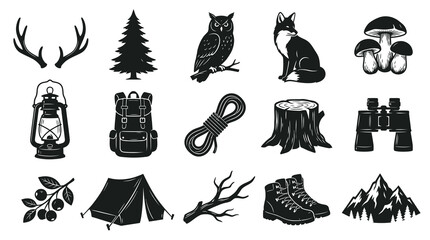 Obraz premium Outdoor Adventure Camping Nature Icons Set. Black and White Vintage Woodcut Style Elements.