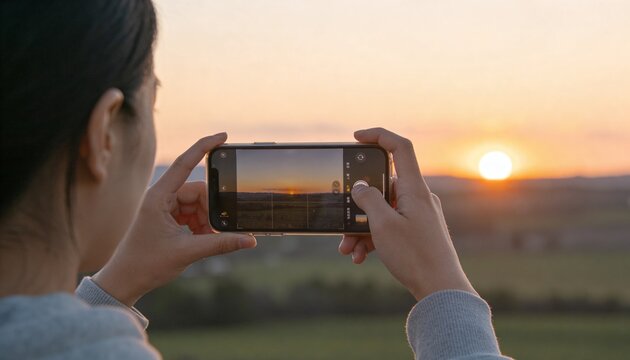 Capturing woman wearing gray sweater shooting sun at horizon in open field, phone showing gridlines