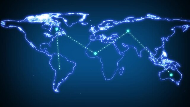 World map with glowing connections and nodes. Global network symbol for international data. Digital world map animation for world network.