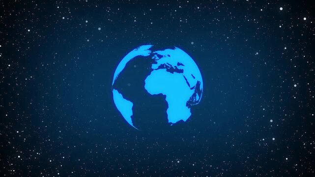 Blue earth globe floating in a starry cosmos. Global planet symbol for international network. Digital earth animation for space exploration.
