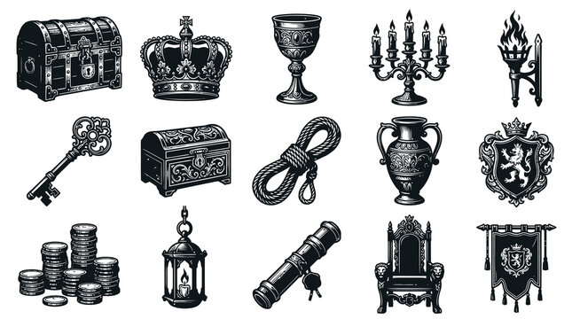 Vintage Historical Fantasy Objects Engraving Style Icon Set. Royal Treasures, Pirate Artifacts Black White Line Art
