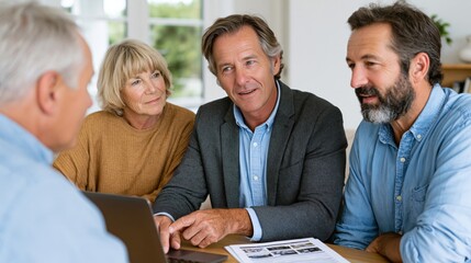 Fototapeta premium Real estate agent discussing property with older couple at a table