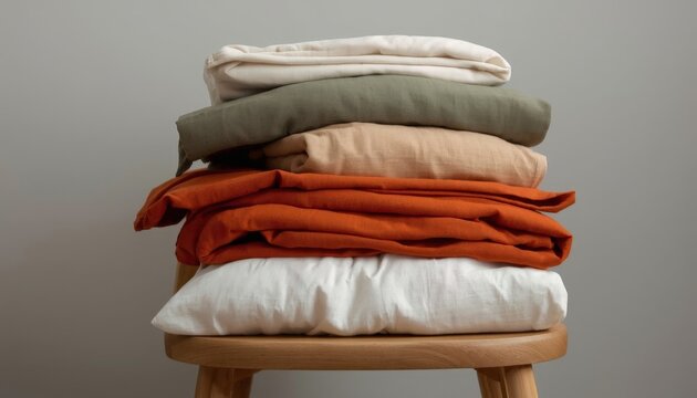 There is a stack of folded linens sitting on top of a wooden chair