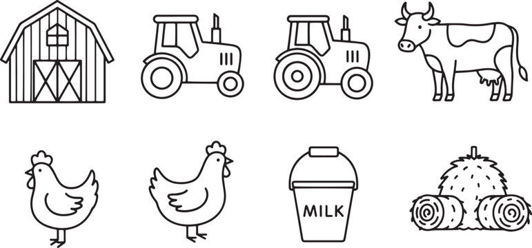Farm animals and agricultural icons.