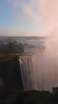 Aerial sunset view shows Victoria Falls on the Zimbabwean side as the Zambezi River surges and plunges, mist rises in warm light, and a slow camera sweep reveals cliffs and islands.