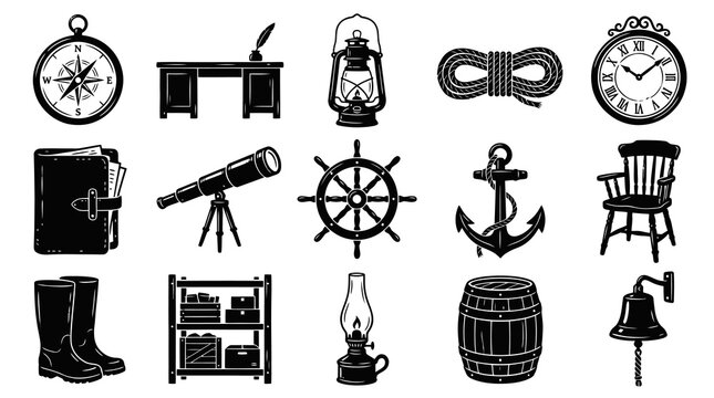 Vintage Adventure and Maritime Objects Vector Set. Black and White Engraving Style Icons Collection.