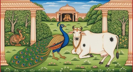 Obraz premium Traditional Indian Painting of Peacock and Cow in Garden.