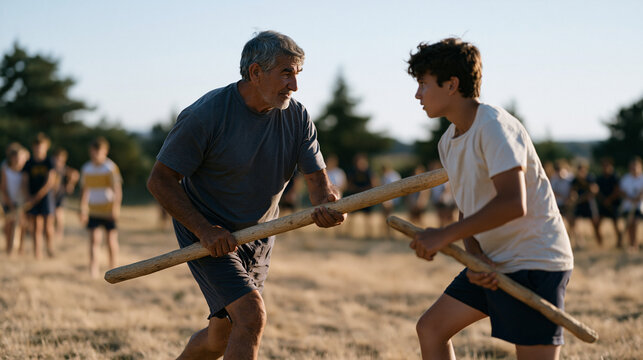 Community elders demonstrating traditional stick fighting techniques to youth athletes in a dry summer field, handmade equipment, focused footwork, cultural game revival event organized as part of a