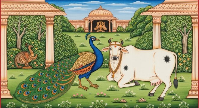 Traditional Indian Painting of Peacock and Cow in Garden.